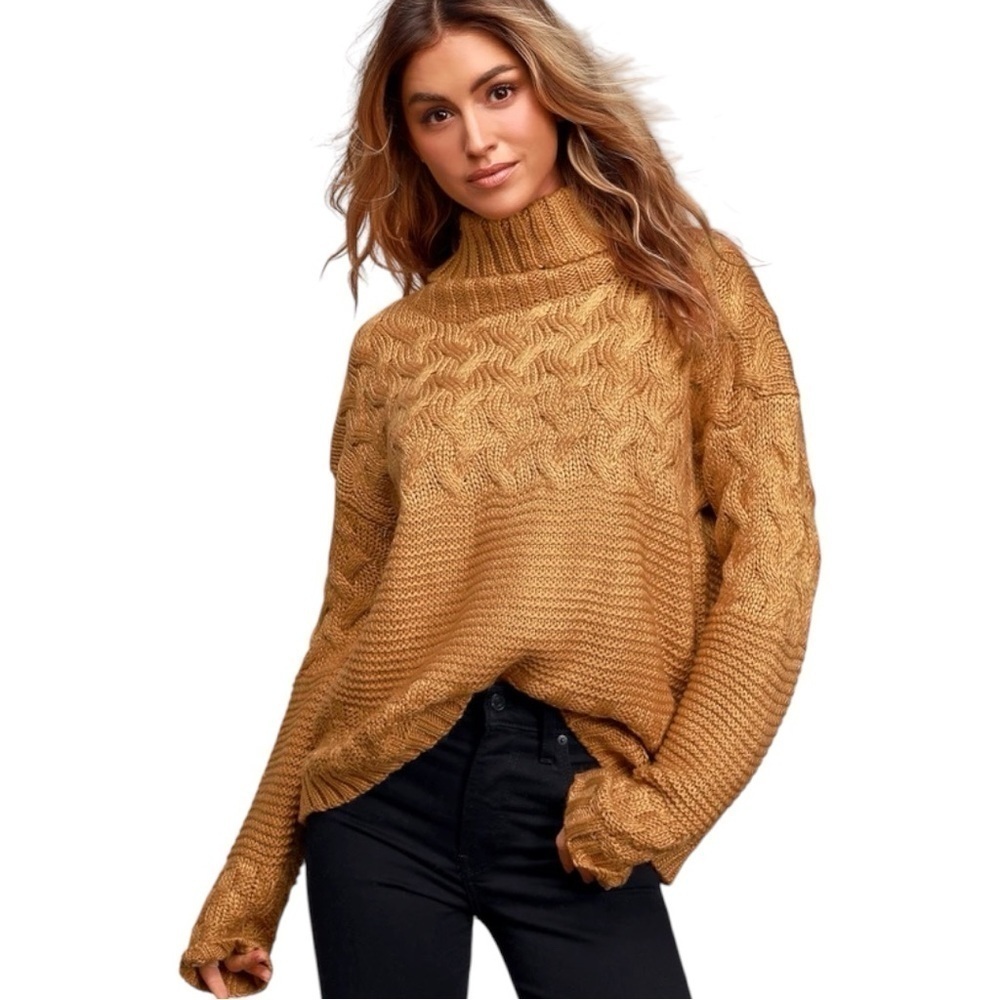 Lulus Adoring Heart Camel Knit Turtleneck Sweater Women’s US L